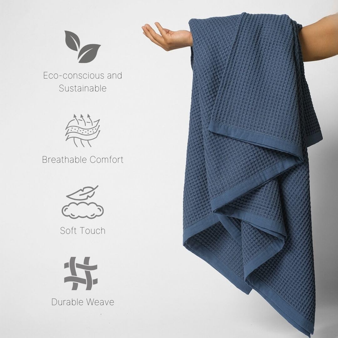 GOTS Certified Organic Cotton Waffle Weave Blanket, King Bed Size,108"X90" Cozy Throw Blanket for Couch, Modern Home Decor, Throw Blankets,Comfy Waffle Blanket Soft Bed Blankets-Navy Blue