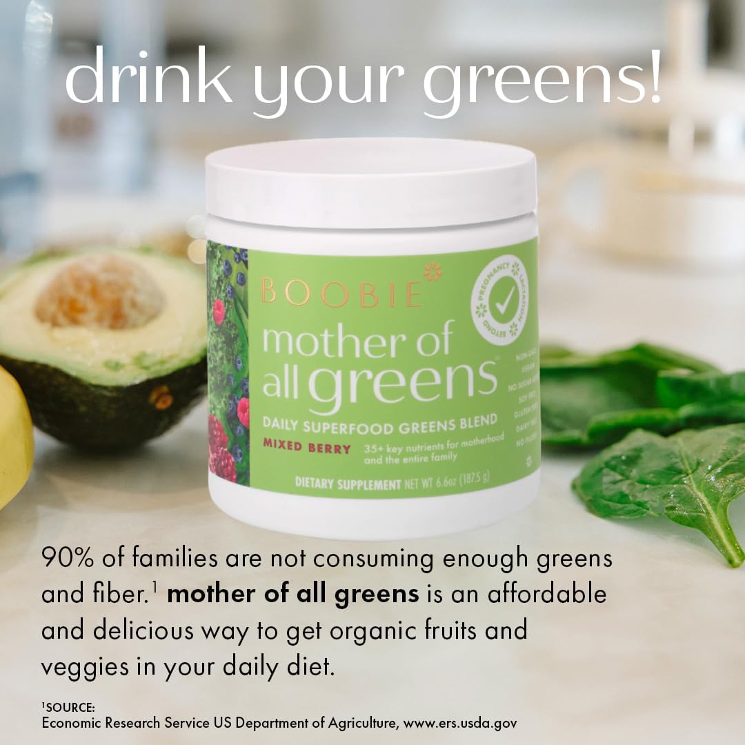 Boobie Mother of All Greens | Your New Family Ritual, Daily Super Greens Powder with 35+ Essential Nutrients for Moms & Families | Vegan, Gluten Free, & Sugar Free | Mixed Berry Flavor, 30 svgs