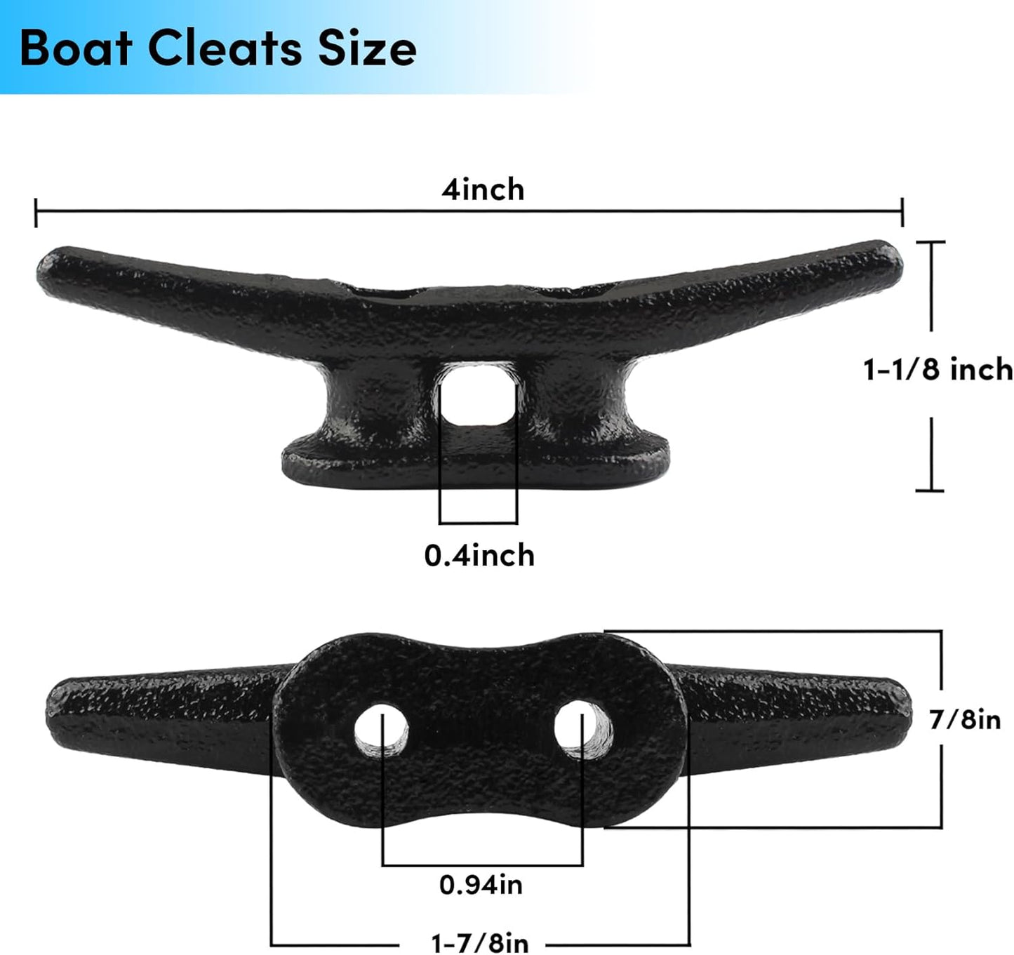 Boat Cleats 4Inch,Hot Dip Galvanized Cast Iron Dock Cleats,Electrophoretic Coated Black Dock Cleats,Rope Cleats Boat Dock Cleats for Marine Deck or Nautical Decor,Hardware Included (4/5/6/10/12Pack)