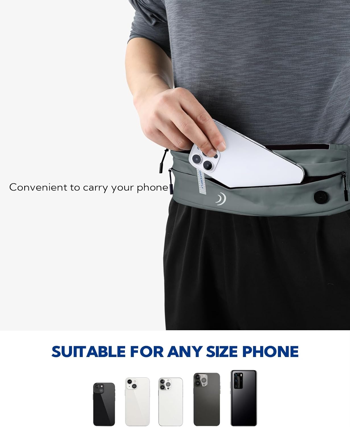 WATERFLY Running Belt Fanny Pack: Runner Marathon Jogging Waist Pack Sport Workout Exercise Fitness Phone Holder Belt for Men Women Jogger Slim Waistband Dark Grey