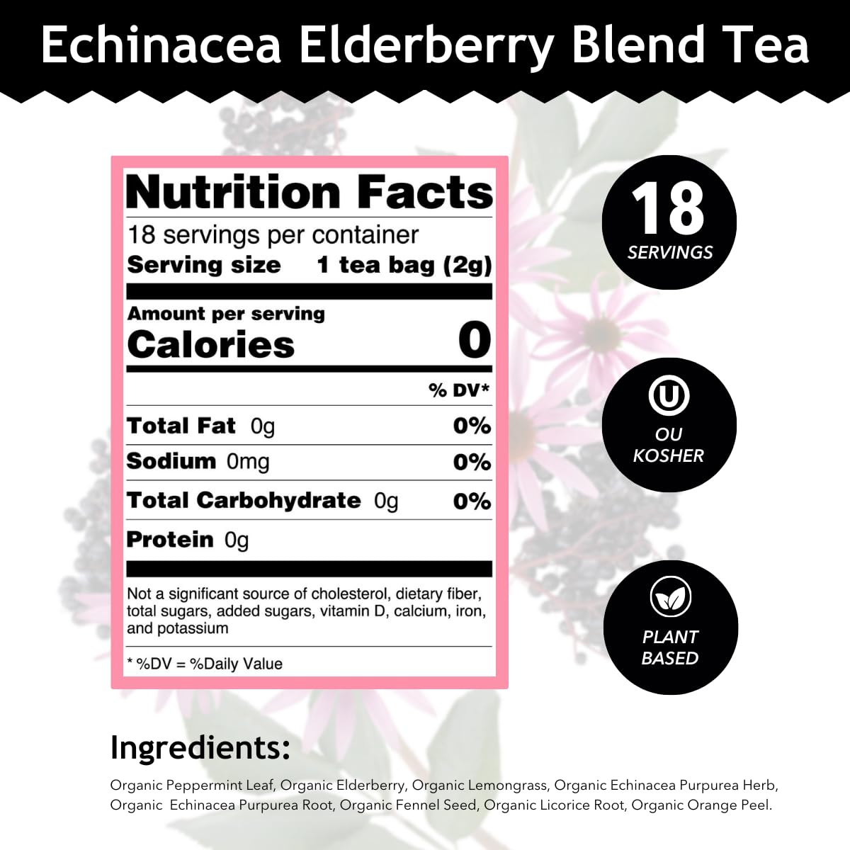 Buddha Teas - Organic Echinacea Elderberry Blend - Herbal Tea - For Health & Wellbeing - With Antioxidants & Minerals - Clean Ingredients - No Caffeine - OU Kosher & Non-GMO - 18 Tea Bags (Pack of 1)