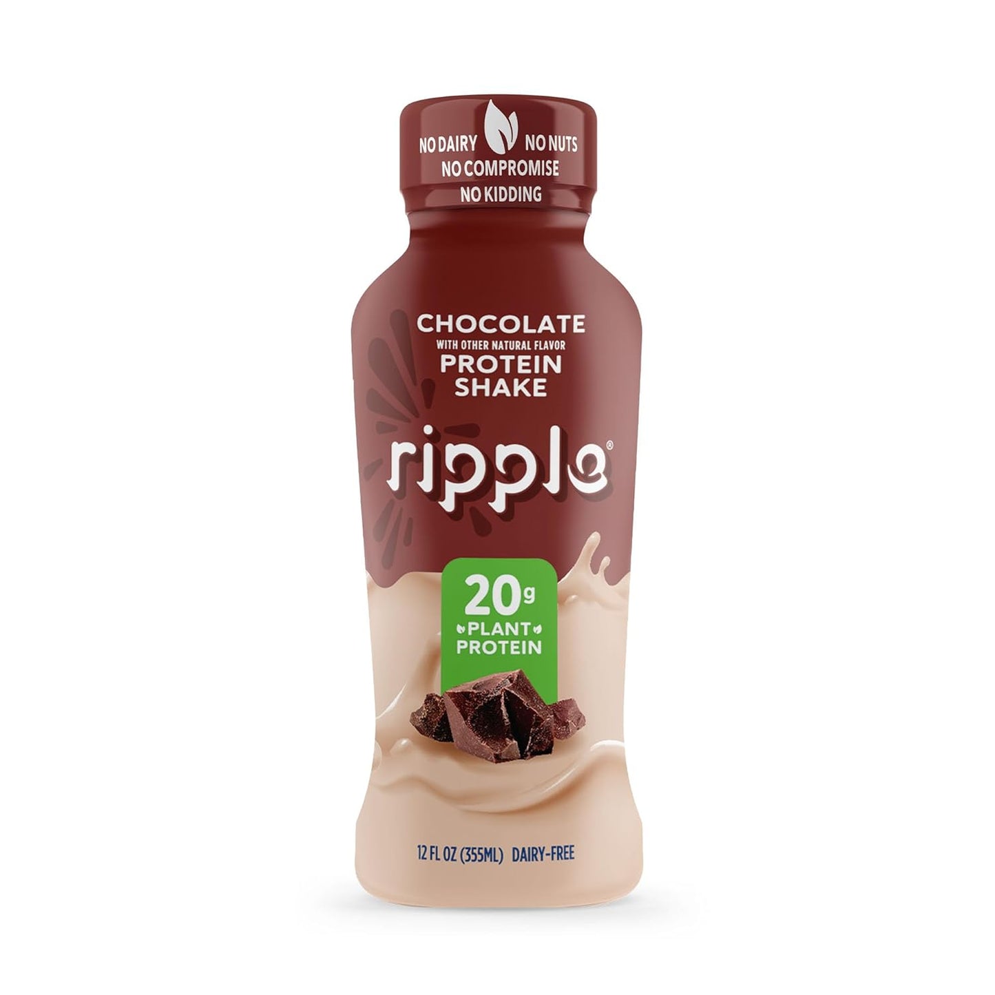 Ripple Vegan Protein Shake | Chocolate | 20g Nutritious Plant Based Pea Protein | Shelf Stable | No GMOs, Soy, Nut, Gluten, Lactose | 12 Oz, 12 Pack