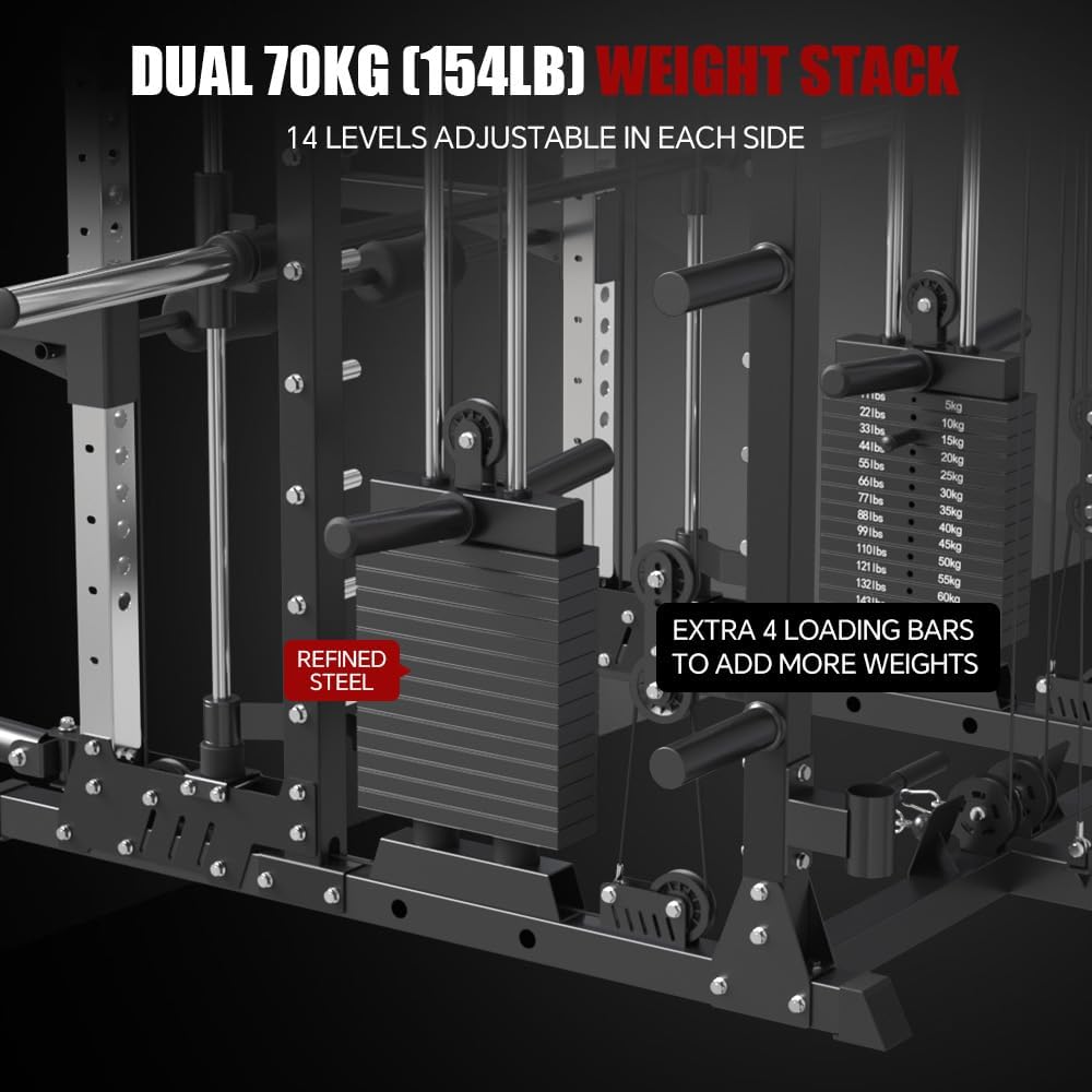 FAGUS Commercial Smithe Machine with 308lb Dual Weight Stacks, 4000LBS Power Cage Squat Rack with Lever Arm & Leg Press, Multi-Function Linear Bearing Cable Crossover Machine for Home Gym