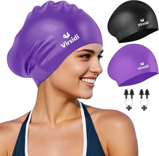 2 Pack Swim Cap for Women Men Adult, Silicone Swimming Caps for Short Long Hair, Waterproof Swim Hats Bathing Caps to Keep Hair Dry with Nose Clip and Earplugs