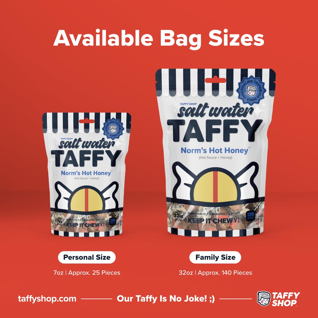 Taffy Shop Norm's Hot Honey, Hot Sauce Honey Salt Water Taffy – Gourmet Soft Chewy Candy, Bulk Sweet Snack, Fresh Gift & Gluten-Free, 35 Individually Wrapped Pieces (7oz)