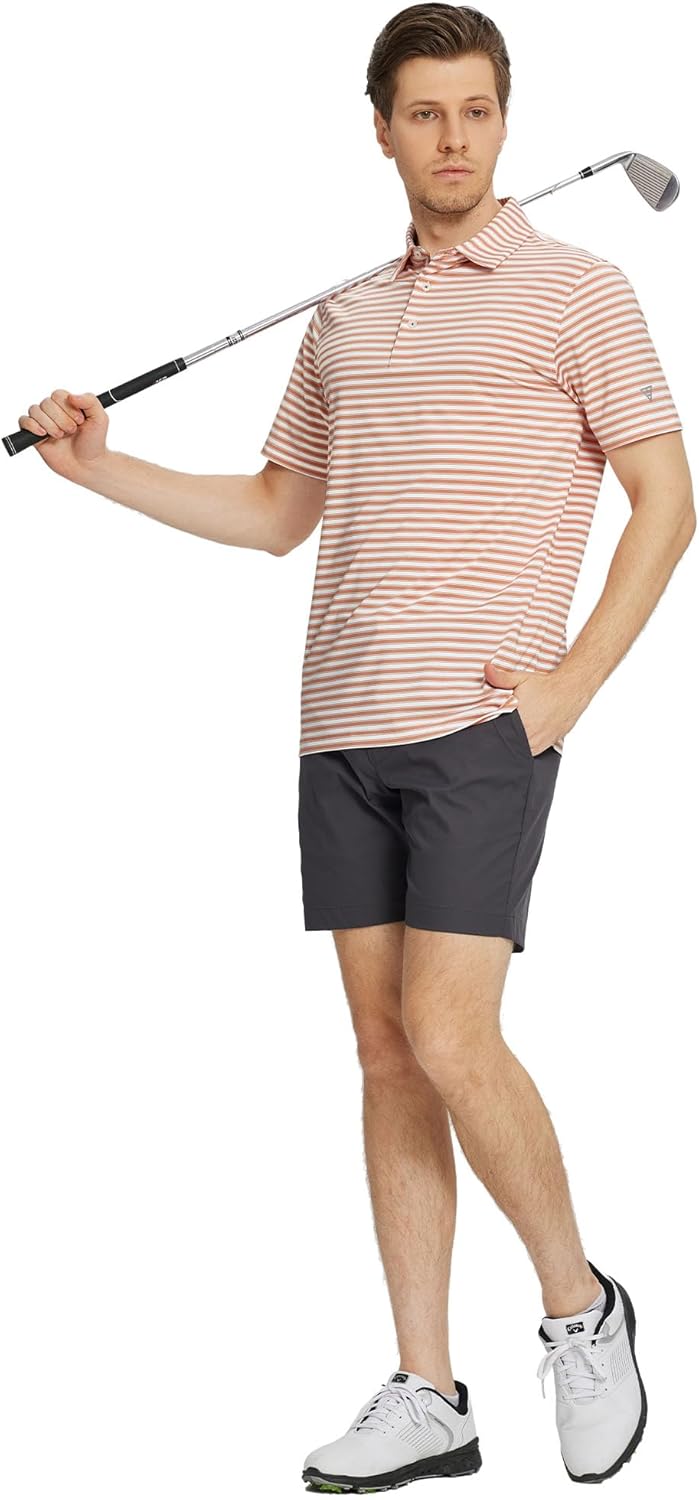 M MAELREG Golf Shirts for Men Short Sleeve Dry Fit Casual Striped Performance Moisture Wicking Collared Mens Polo Shirts