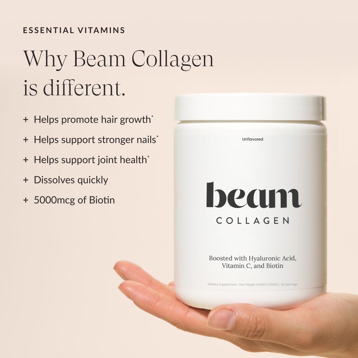 Beam Collagen Powder, Collagen for Women, Collagen with Hyaluronic Acid, Collagen Peptides Type 1 and 3, with Biotin, Grass Fed Bovine, Third-Party Tested, Best for Coffee, Vitamin C, 5 Servings