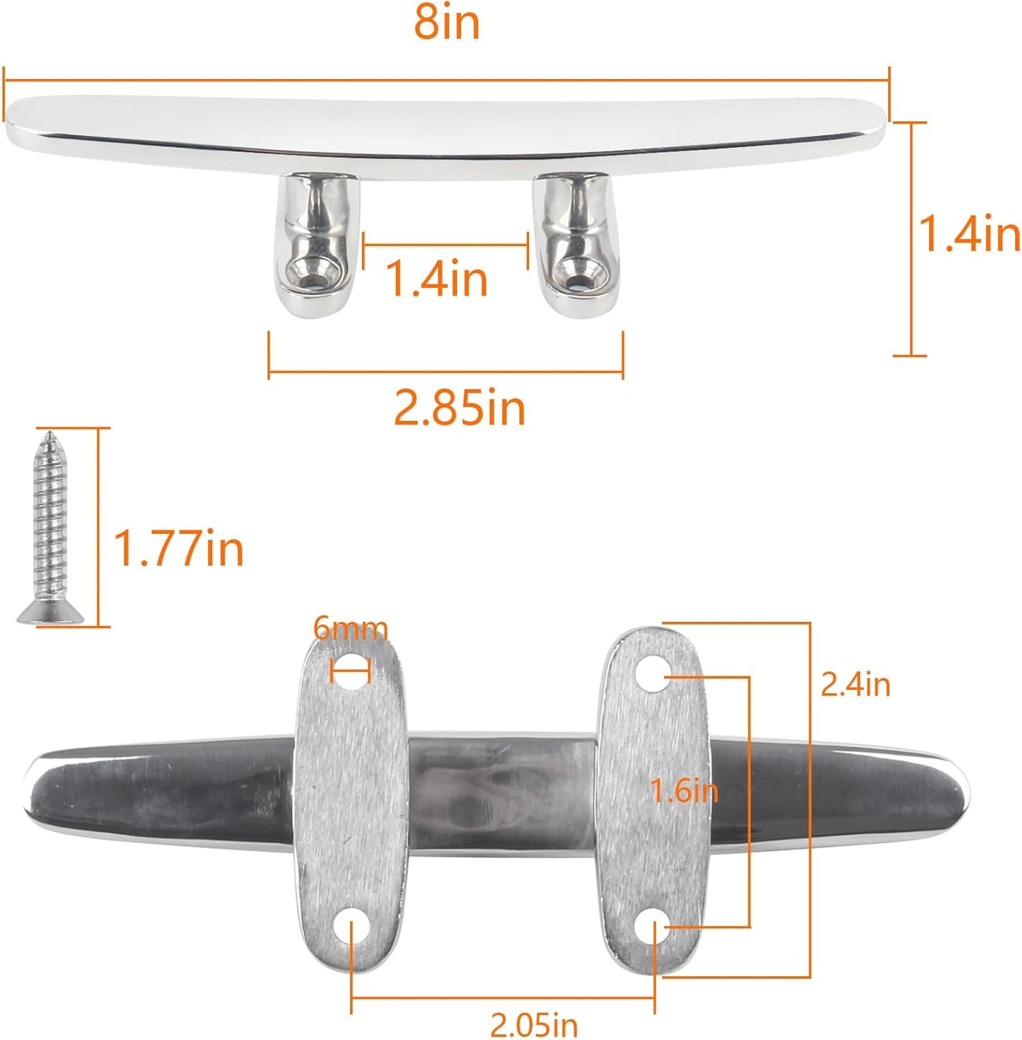 ORLANG 316 Stainless Steel Boat Cleats 5 Inch/6 Inch/8 Inch (3 Size), Open Base Dock Cleats with Fasteners, Boat Dock Cleat Rope Cleat for Boat Docks, Decks or Nautical Decor (4 Pack)