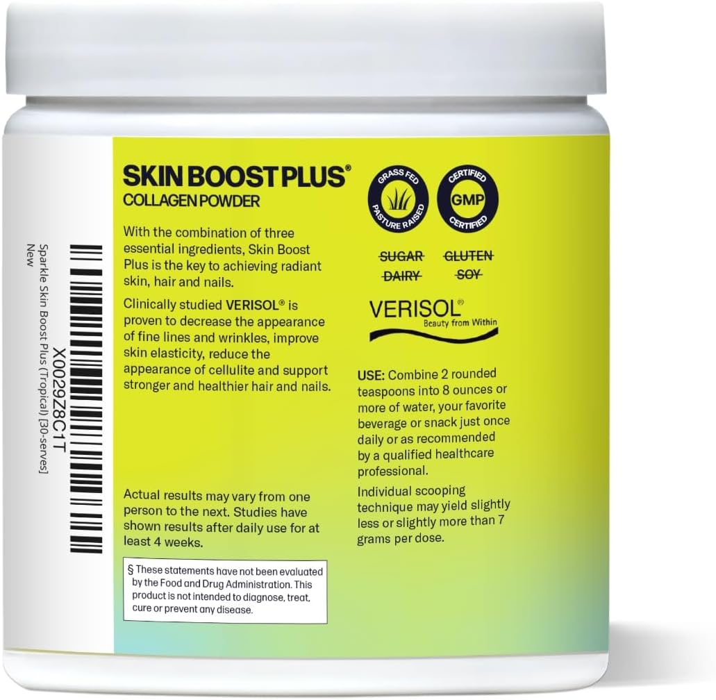 Sparkle Wellness Skin Boost Plus (Tropical) [30-Serves] | Collagen Powder Supplement with VERISOL Bioactive Hydrolyzed Collagen Peptides, Vitamin C & Hyaluronic Acid