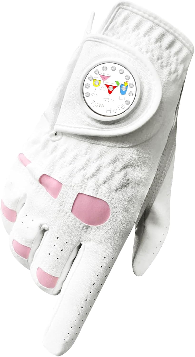 Golf Gloves Women Leather with Ball Marker 3 Pack, Left Hand Right Stylish Pink All Weather Grip Breathable Glove, Fit Sizes Small Medium Large for Womens Ladies