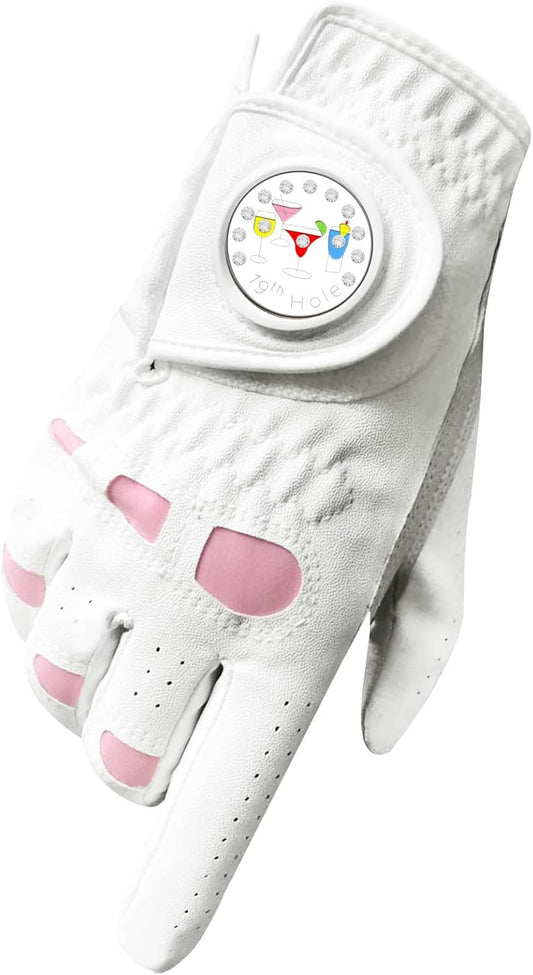 Golf Gloves Women Leather with Ball Marker 3 Pack, Left Hand Right Stylish Pink All Weather Grip Breathable Glove, Fit Sizes Small Medium Large for Womens Ladies