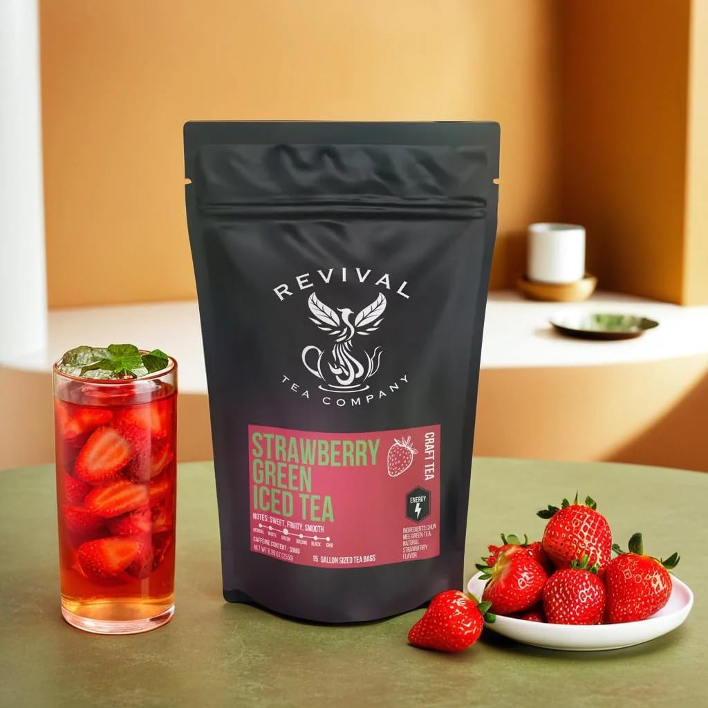 Revival Tea Company Strawberry Green Iced Tea - 1 Gallon Sachets - Green Tea Blend with Natural Strawberry Flavor - 15 Count
