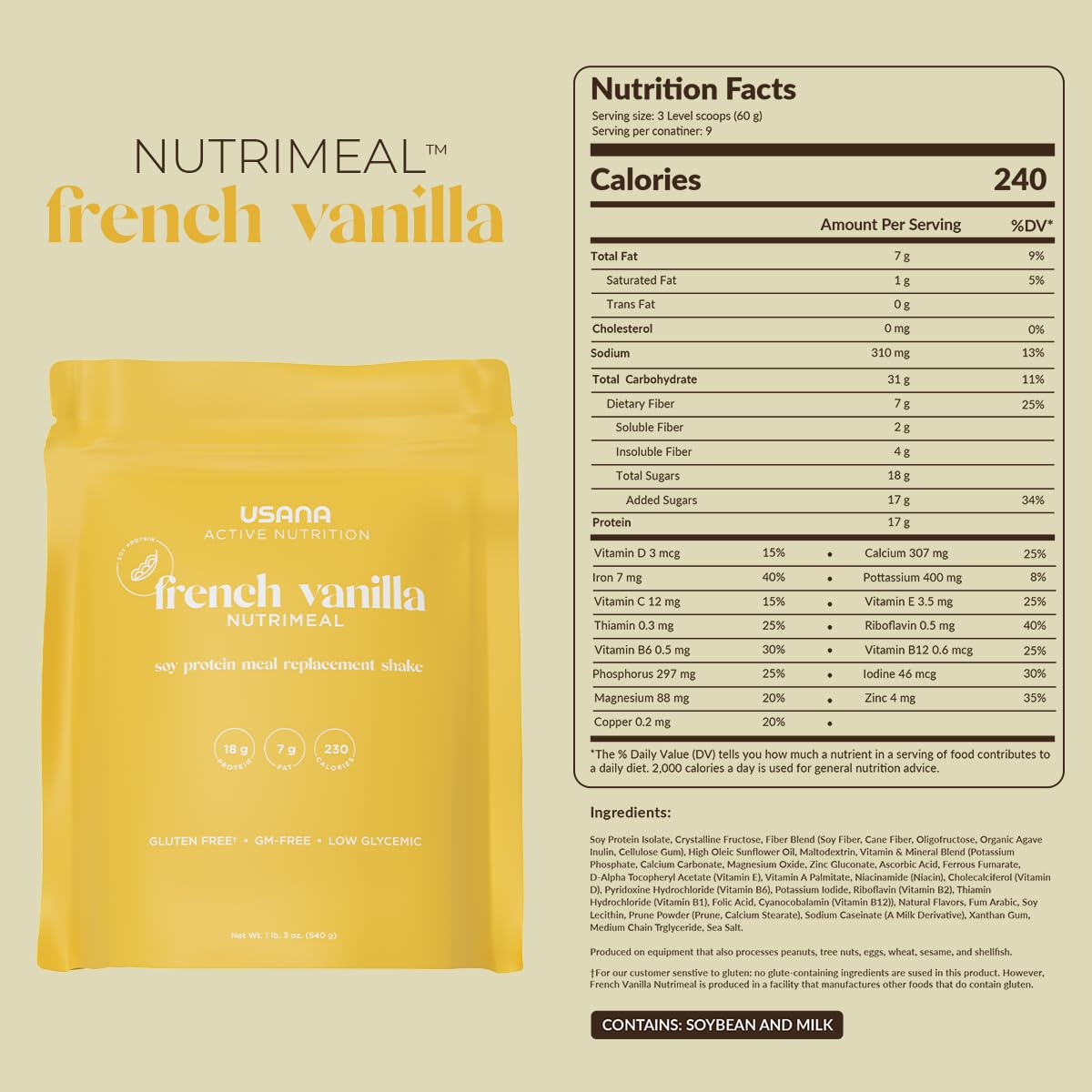 USANA Nutrimeal Meal Replacement Shake - French Vanilla - NON-GMO - Gluten Free - Low Glycemic - 540 Grams - 9 Servings