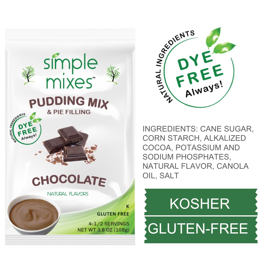 Simple Mixes Natural Instant Pudding & Pie Filling Mix, Healthy Snack, Chocolate, Gluten and Dye-Free, No Fat, or Lactose, Kosher, 6 Pack