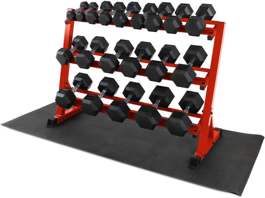 WF Athletic Supply Rubber Coated Hex Dumbbell Set, Multiple Choices Available - Dumbbells with Rack Stand and Mat, or Dumbbells Only (200/550/1200/2100/3000 LB)