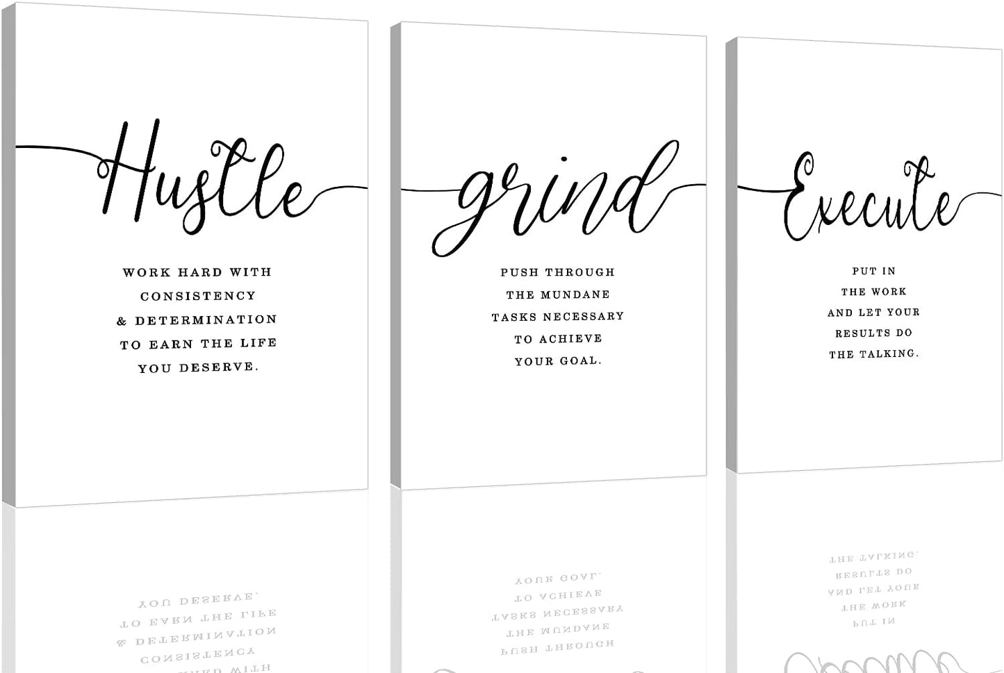 Framed Canvas Wall Art Hustle Quote, Office Wall Art, White Large Poster, Positive Motivational Set of 3 Prints, Execute Hustle Grind, Inspirational Print (H-3pcs,20x30inchx3pcs)