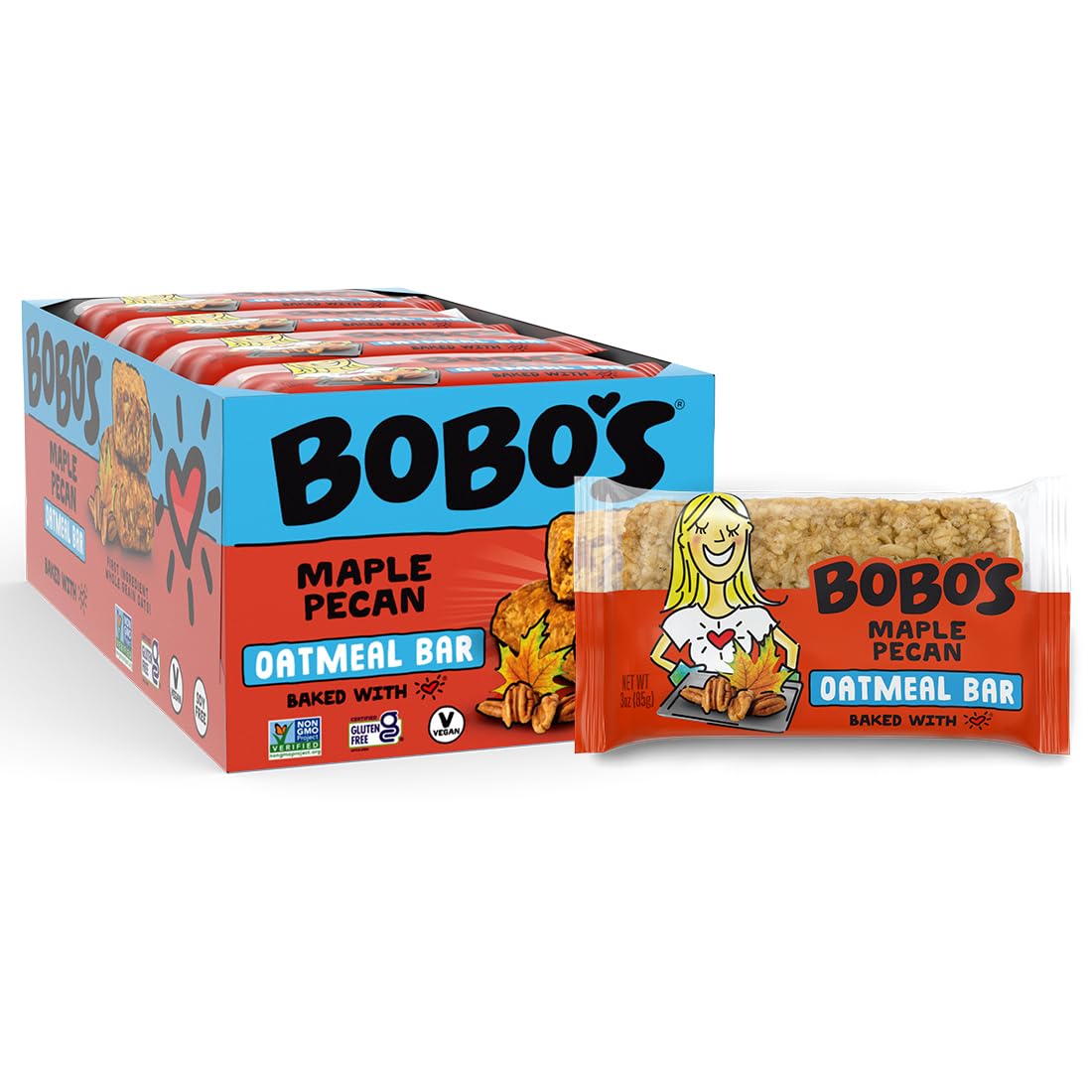 Bobo's Oatmeal Bars, Maple Pecan, Gluten Free Vegan Whole Grain Oat Bars, Pack of 12