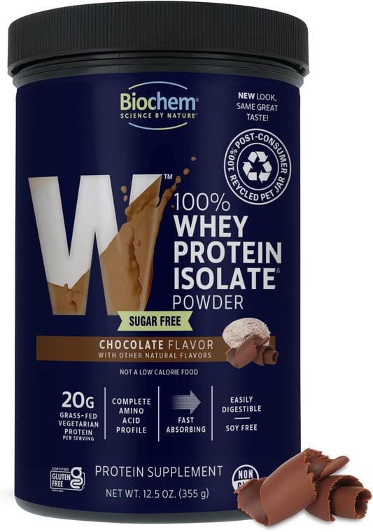 Biochem 100% Whey Sugar-Free Chocolate 20g, 12.5oz, Certified Vegetarian, Certified Gluten Free, Certified Non-GMO Tested, Keto Friendly, Grass-Fed