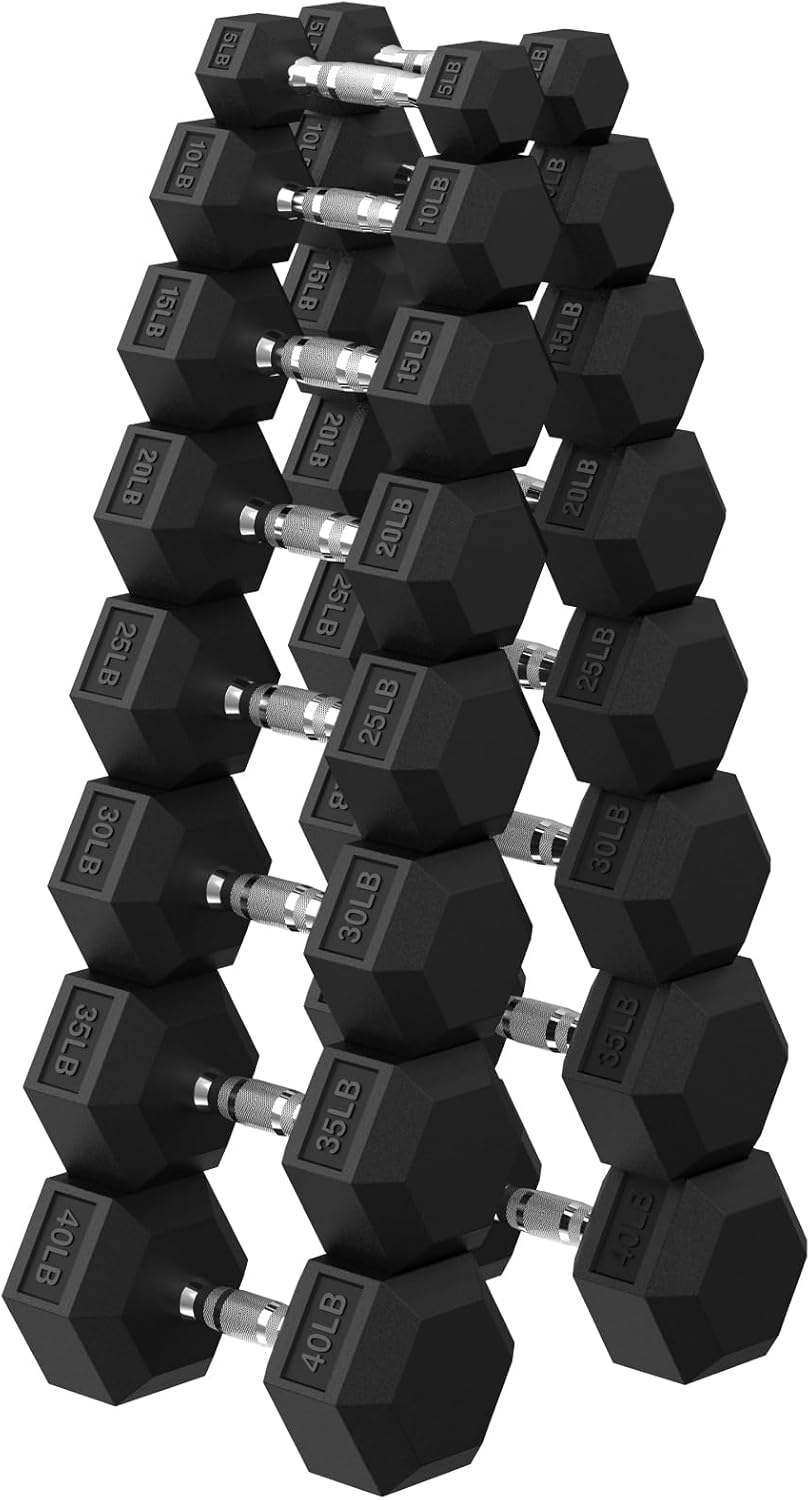 Hex Dumbbell 45-480 lb Set, Rubber Encased Exercise & Fitness Dumbbells for Home Gym, Hand Weights for Strength Training