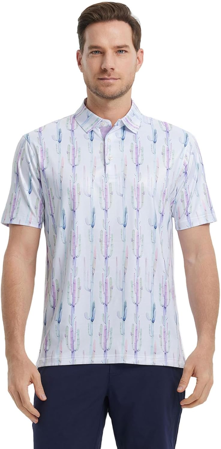 Men's Golf Polo Shirts Short Sleeve Striped Performance Moisture Wicking Dry Fit Golf Shirts for Men