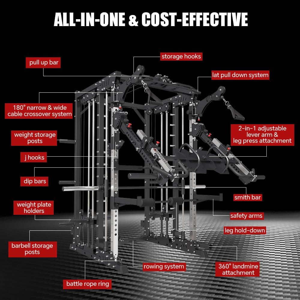 Commercial Smith Machine with Smith Bar, 4000LBS Power Cage Squat Rack with Lever Arm, Leg Press, LAT Pull Down System, Multi-Function Linear Bearing Cable Crossover Machine for Home Gym