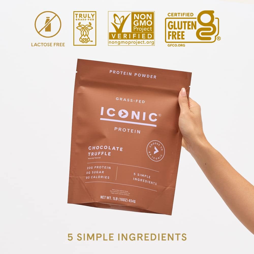 ICONIC Protein Powder, Chocolate Truffle - Sugar Free, Low Carb Protein Powder - Lactose Free, Gluten Free, Non-GMO - 20g Grass Fed Whey & Casein Protein - Keto Friendly, 1 lb. Pouch (17 Servings)