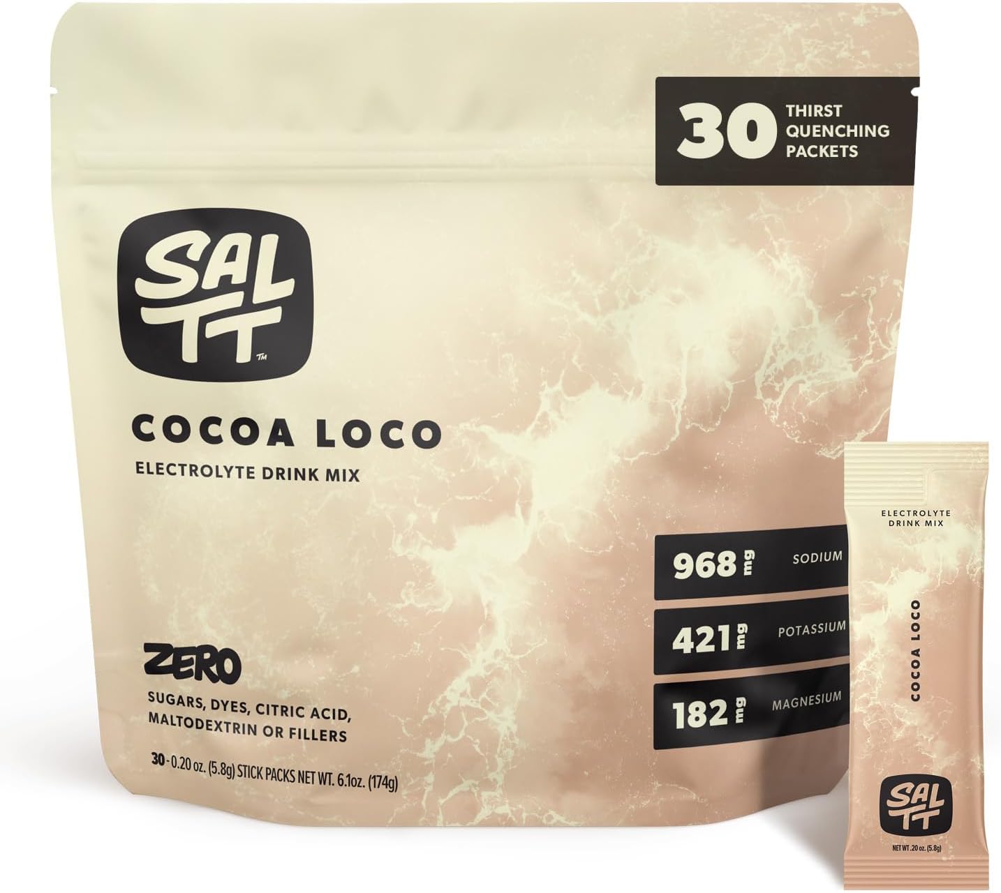 Keto Chow SALTT Electrolytes Powder Packets, Cocoa Loco (30 Hydration Packets) - Magnesium, Potassium, Sodium, Trace Minerals - Vegan, Gluten Free, Sugar Free - Travel Essentials - Made in USA