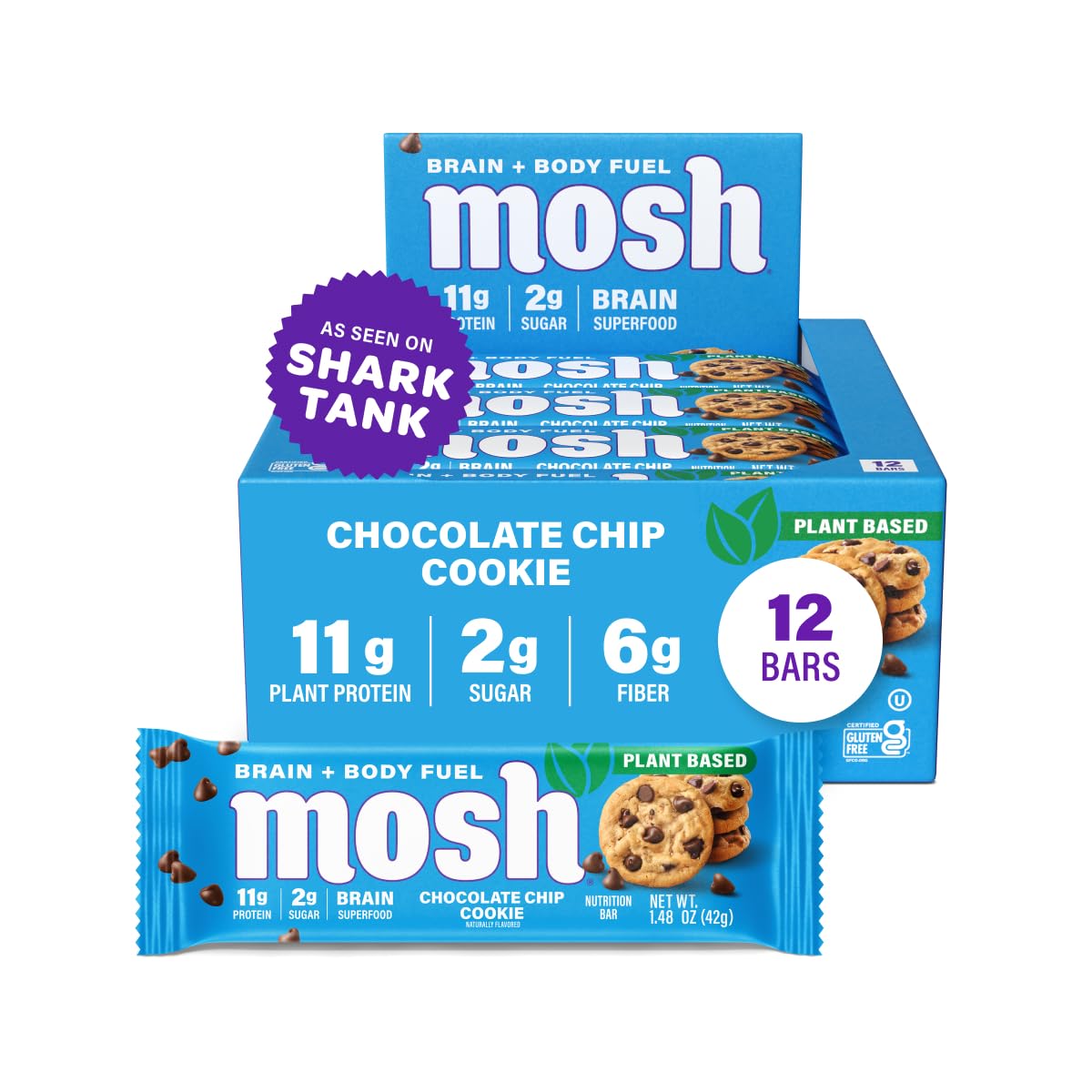 MOSH Chocolate Chip Cookie Vegan Protein Bars, Plant Based, Keto, Gluten Free, Brain Healthy Snack with Cognizin, Ashwagandha and Lion's Mane, 12 Count