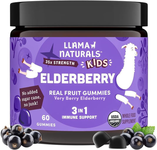 Llama Naturals Elderberry Gummies for Kids, Vegan, Organic Immune Support Supplement with Vitamin C and Zinc, Toddler Real Fruit Gummy Vitamins for Immunity, Chewable, No Added Sugar Cane, 60 Ct