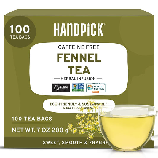 HANDPICK, Fennel Tea Bags (100 Herbal Tea Bags) Caffeine Free, Gluten Free & Non GMO | Round Eco Conscious Teabags | Smooth & Sweet