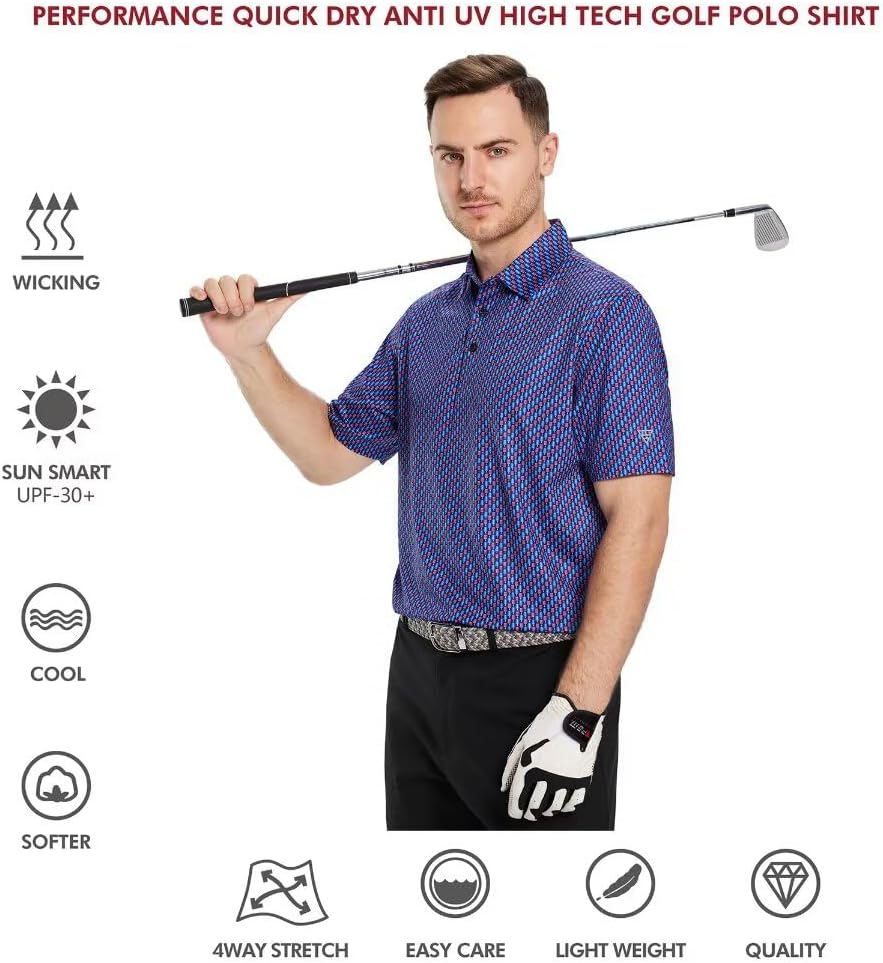 Men's Golf Polo Shirts Short Sleeve Striped Performance Moisture Wicking Dry Fit Golf Shirts for Men