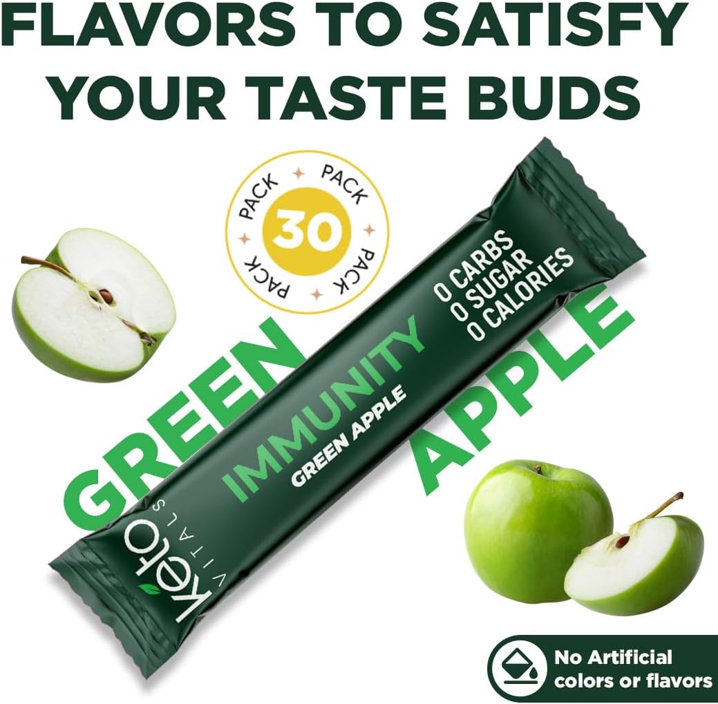 Keto Vitals Immunity Sugar Free Electrolytes Powder with Vitamin C, Ginger, Turmeric, & Elderberry - Boost Your Immune System and Rehydrate Your Body - Green Apple Flavor, 30 Count