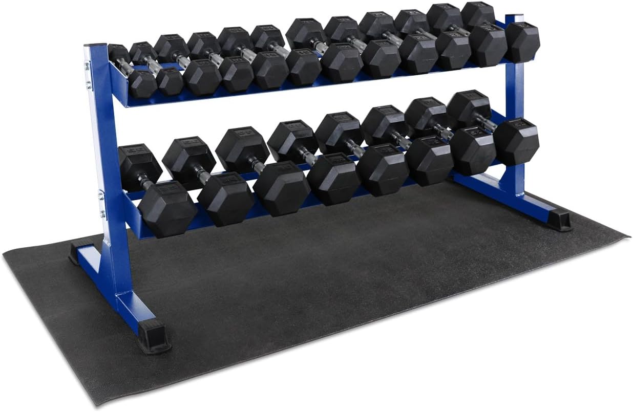 WF Athletic Supply Rubber Coated Hex Dumbbell Set, Multiple Choices Available - Dumbbells with Rack Stand and Mat, or Dumbbells Only (200/550/1200/2100/3000 LB)