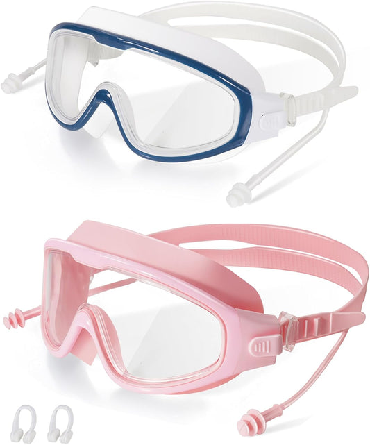 Adult Swimming Goggles,Leak-Proof,Anti-Fog Pool Glasses,Wide View Swim Goggles with Ear Plugs and Nose Clip