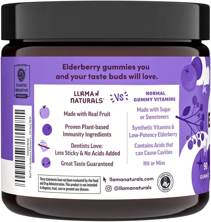Llama Naturals Elderberry Gummies for Adults, Vegan, Organic Immune Support Supplement with Vitamin C and Zinc, Real Fruit Gummy Vitamins for Immunity, Chewable, No Added Sugar Cane, 90 Ct