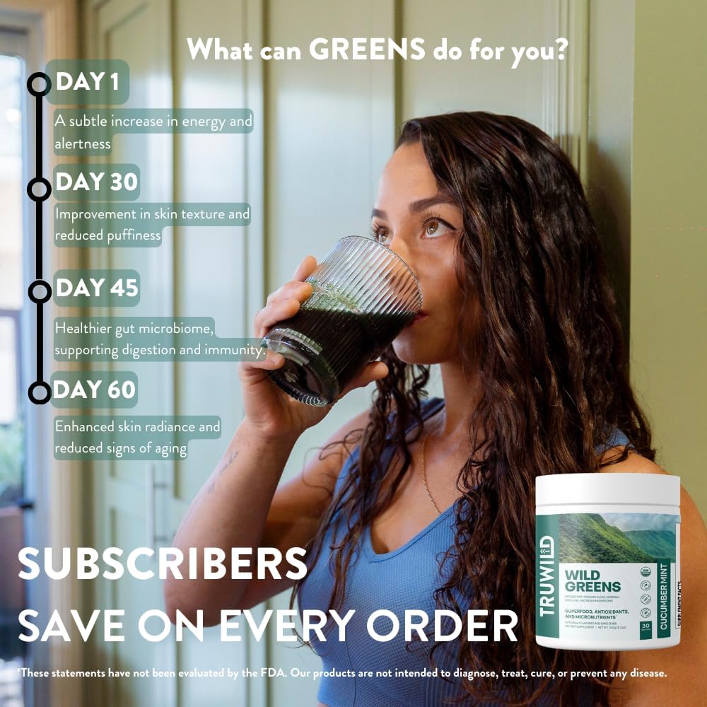 TruWild Greens Superfood Cucumber Powder, with 22+ Greens & Anti-Oxidants, Delicious Green Juice Powder, Natural Immune, Stress, Digestion Support, 30 Servings Per Tub (Cucumber Mint)