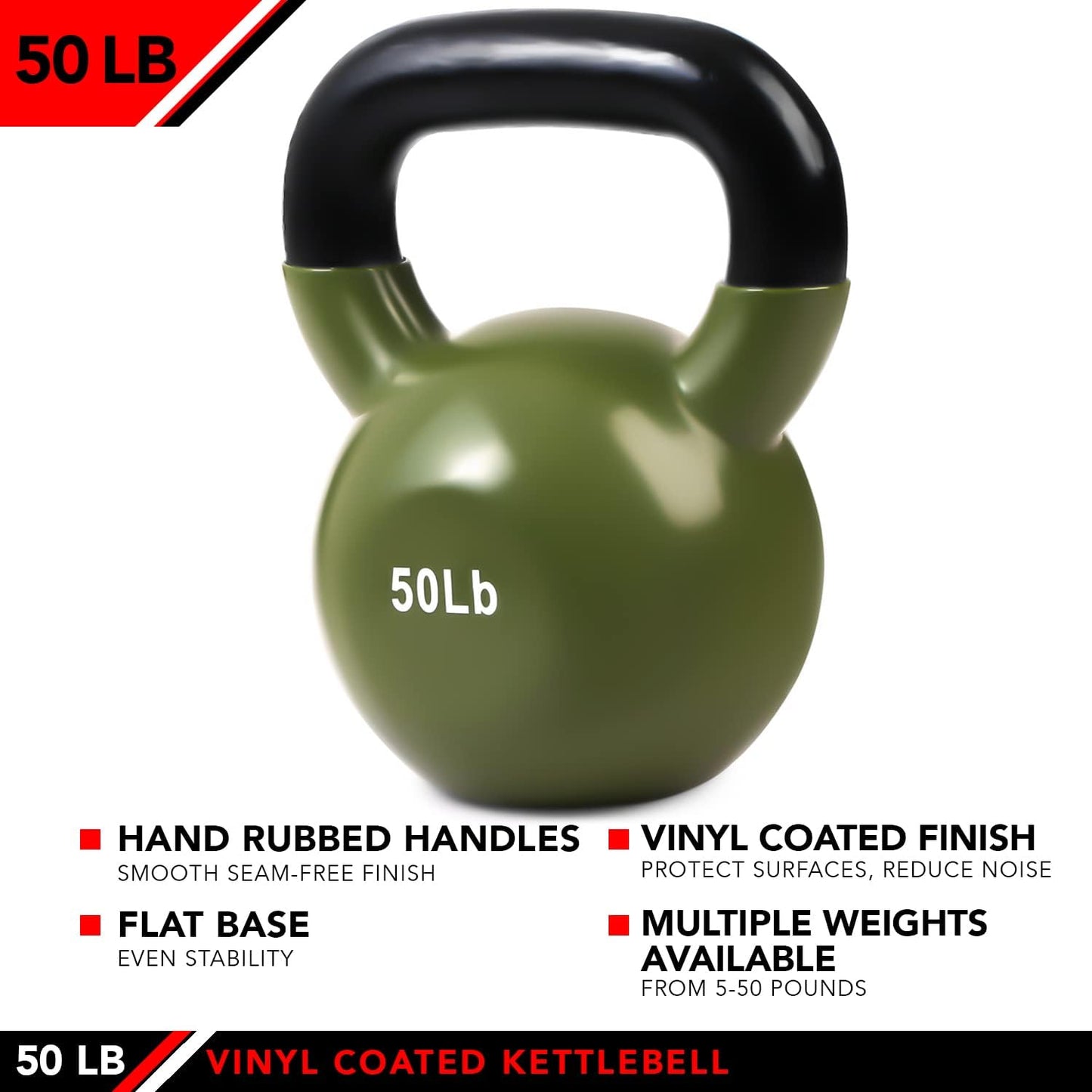 JFIT Kettlebell Weights Vinyl Coated Iron - 12 Size Options, 5lbs-50lbs - Coated for Floor and Equipment Protection, Noise Reduction, Ballistic, Core, Weight Training