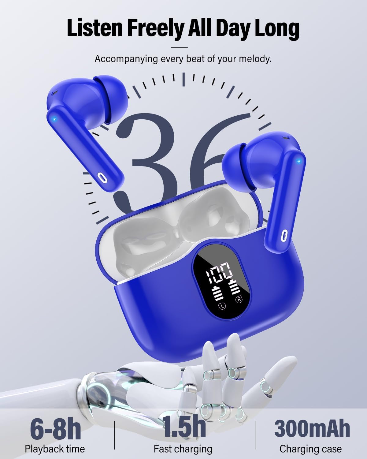 Wireless Earbuds, Bluetooth 5.4 Headphones Bass Stereo, Ear Buds with Noise Cancelling Mic, IP7 Waterproof in Ear Earphones, 36H LED Display Bluetooth Earbuds for Laptop Pad Phones Sports, Blue