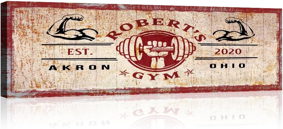 Tailored Canvases Personalized Gym Sign Wall Art Decor - Motivational Canvas for Home Gym, Workout Room, Garage, Fitness Center - Workout Inspirational Posters - One Hand Dumbbell on Rustic Red, 36x12in