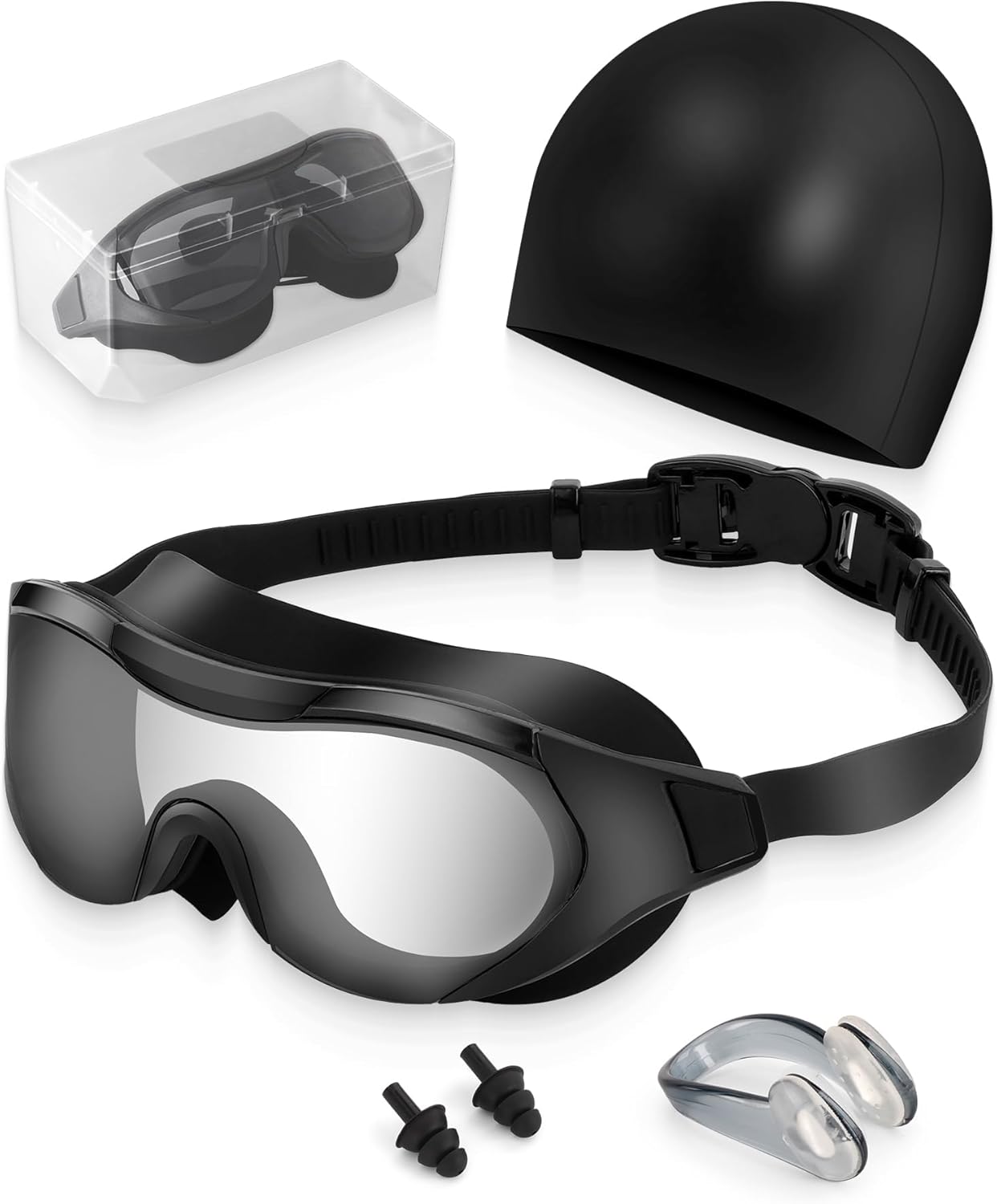 Swim Goggles with Nose Clip, Ear Plugs & Swim Cap, Anti-Fog UV Protection Lens, Leakproof Adjustable Strap for Adult