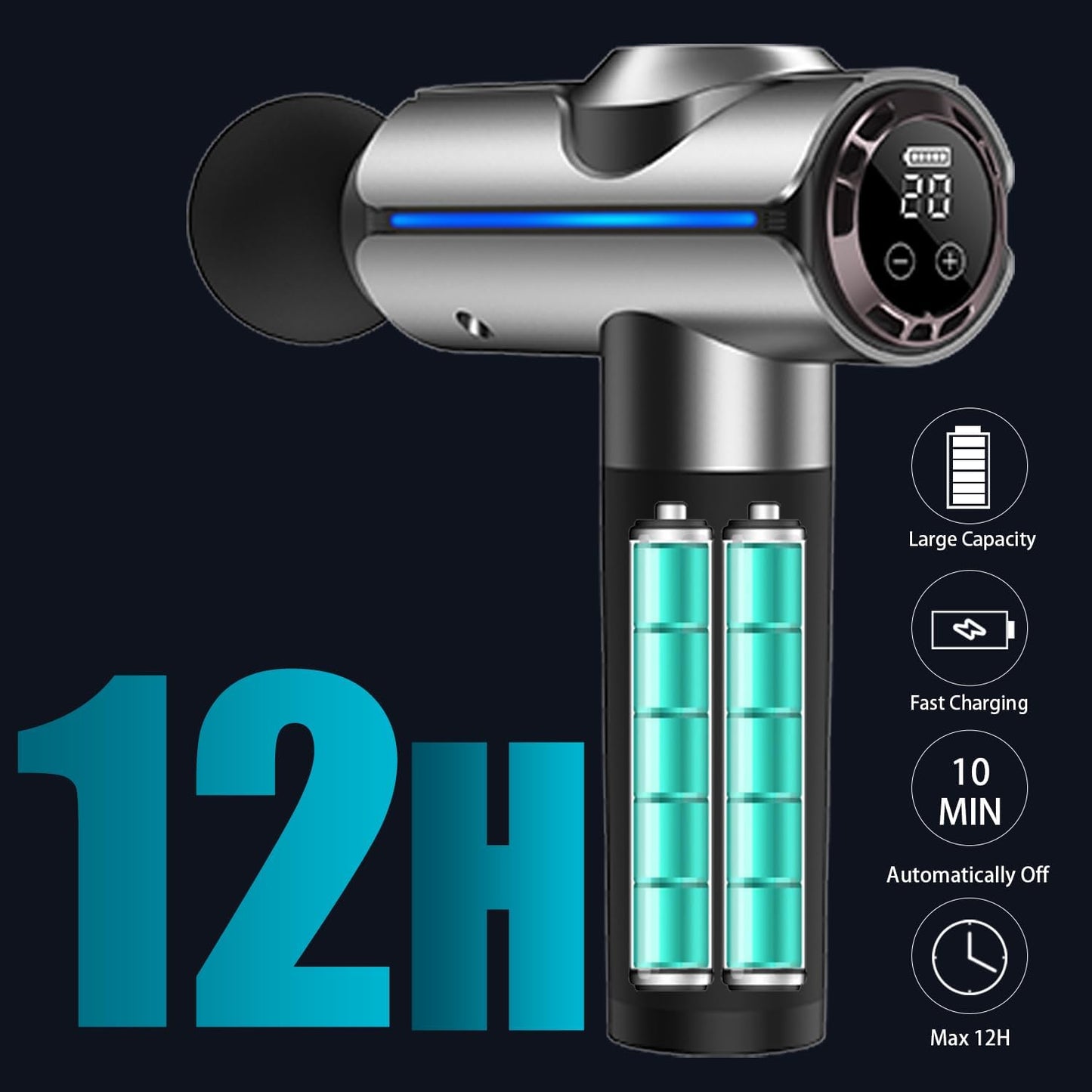 Percussion Massage Gun, Electric Handheld Muscle Back Massager, Deep Tissue Back Massage for Athletes for Pain Relief with 20 Speeds & LED Screen with Carry Case, Gift for Men/Women, Silver