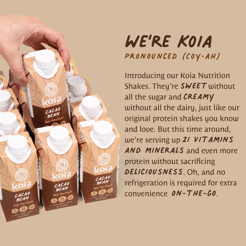 Koia Plant Based Protein Shake, Cacao Bean, 20g Protein, 3g Sugar, 6g Prebiotic Fiber, 21 Vitamins & Minerals, Meal Replacement Drinks, Dairy-Free, Gluten-Free, Non-GMO, 11 Fl Oz (Pack of 12)