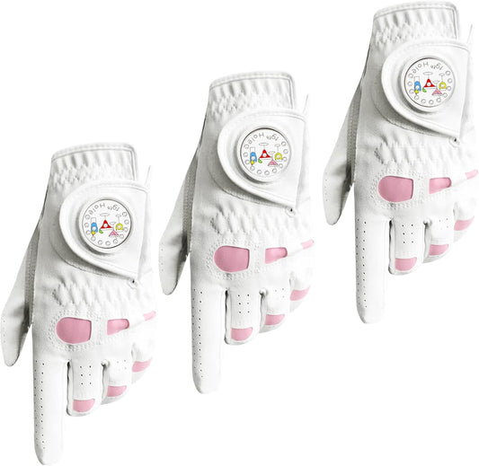 Golf Gloves Women Leather with Ball Marker 3 Pack, Left Hand Right Stylish Pink All Weather Grip Breathable Glove, Fit Sizes Small Medium Large for Womens Ladies