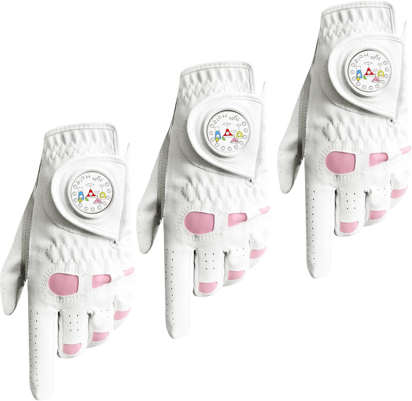 Golf Gloves Women Leather with Ball Marker 3 Pack, Left Hand Right Stylish Pink All Weather Grip Breathable Glove, Fit Sizes Small Medium Large for Womens Ladies