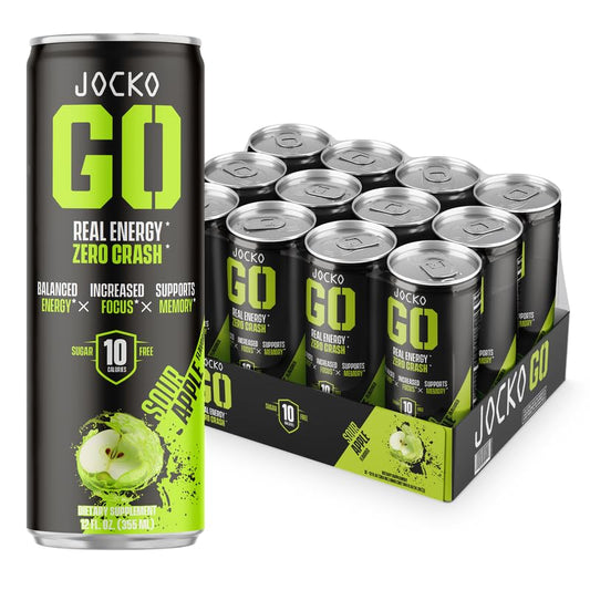 Jocko GO Energy Drink - Keto, Vitamin B12, Vitamin B6, Electrolytes, L Theanine, Magnesium- Energy Boost, Sugar Free Nootropic Monk Fruit Blend - 12 Pack (Sour Apple)