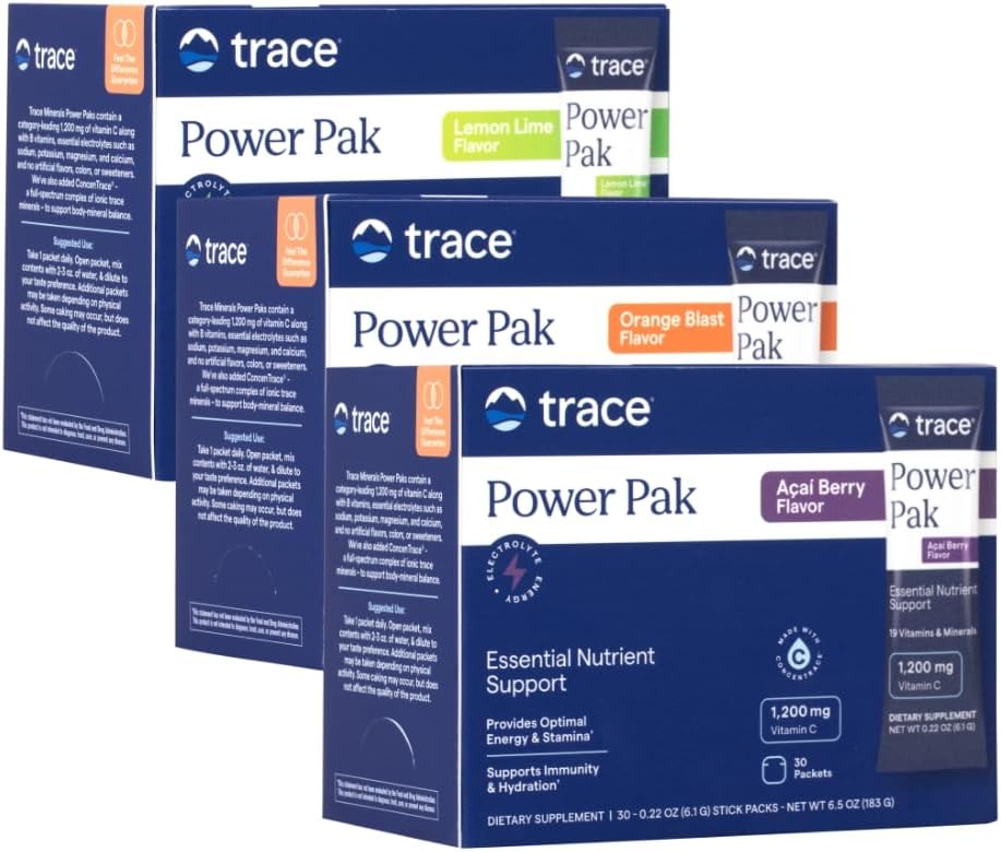 Trace Minerals Power Pak | Electrolyte + 1200mg Vitamin C, Zinc, Magnesium | Supports Immunity, Hydration & Energy | Lemon Lime, Orange Blast, Acai Berry | 30 ct Variety Pack
