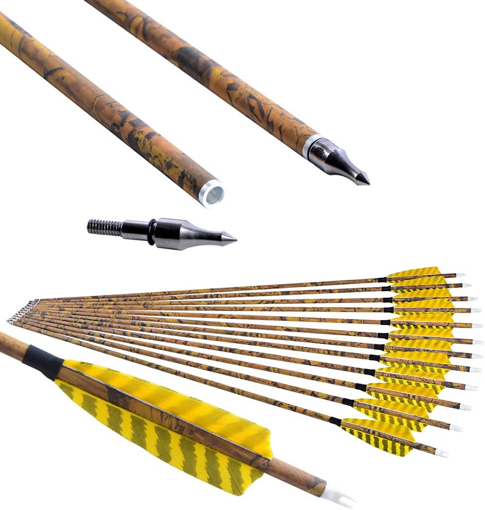 ZSHJGJR 30” Archery Carbon Arrows Hunting Arrows with 4” Turkey Feather Removable Tips Targeting Practice Arrows 500 Spine for Compound & Recurve & Traditional Bow 6/12pcs