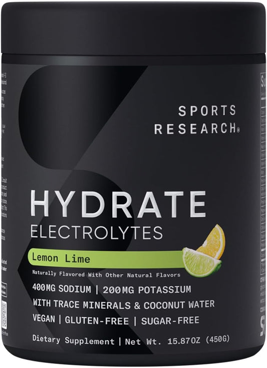 Sports Research® Hydrate Electrolytes Powder - Sugar-Free & Naturally Flavored with Vitamins, Minerals, and Coconut Water - Supports Hydration - Lemon Lime - 90 Servings