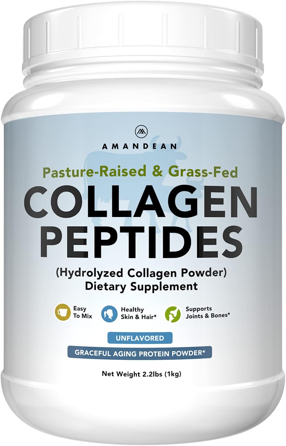 AMANDEAN Collagen Peptides Powder 1kg. Grass-Fed, Enzymatically Hydrolyzed, Type 1 & 3. Agglomerated, Easy to Mix, Unflavored, Non-GMO. Protein with 18 Amino Acids for Healthy Skin, Hair, Nails.