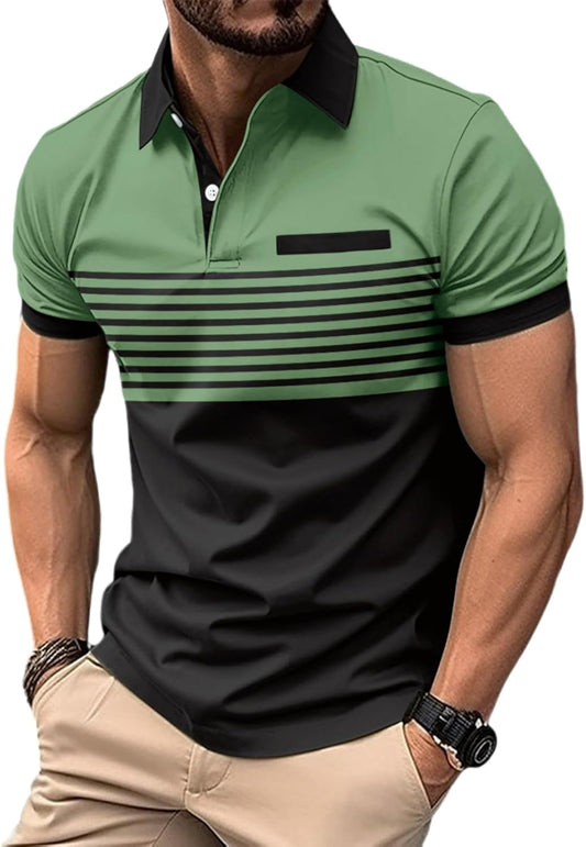 Men's Casual Polo Shirts Short Sleeve Fashion Golf Shirt Classic Striped Slim Fit T-Shirts